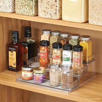 iDesign Twillo Plastic Stadium Spice Rack, 3-Tier Organizer for Kitchen Pantry, Cabinet, Countertops, Vanity, Office, Craft Room, 9.2" x 10" x 4", Metallico and Clear