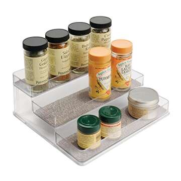 iDesign Twillo Plastic Stadium Spice Rack, 3-Tier Organizer for Kitchen Pantry, Cabinet, Countertops, Vanity, Office, Craft Room, 9.2" x 10" x 4", Metallico and Clear