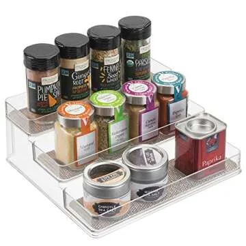iDesign Twillo Plastic Stadium Spice Rack, 3-Tier Organizer for Kitchen Pantry, Cabinet, Countertops, Vanity, Office, Craft Room, 9.2" x 10" x 4", Metallico and Clear