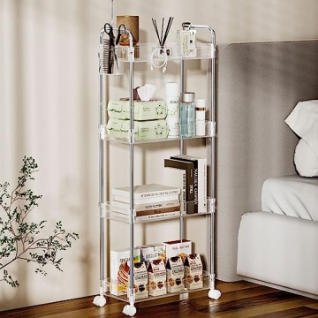 SPACEKEEPER Acrylic Rolling Storage Cart 4 Tier Clear Bathroom Cart Organizer, Transparency Rolling Utility Cart Laundry Room Organization Multifunction Mobile Shelving Unit for Office, Living Room
