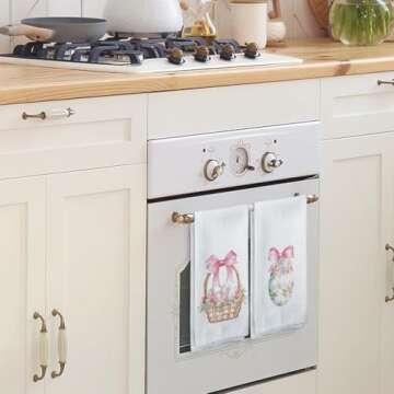 Tzhim Coquette Pink Bow Easter Kitchen Towels Set of 2, Easter Eggs Decor Hand Towels, Pink Easter D...