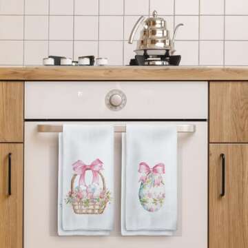 Tzhim Coquette Pink Bow Easter Kitchen Towels Set of 2, Easter Eggs Decor Hand Towels, Pink Easter Dish Towels Dishcloths Tea Towels for Kitchen, Easter Kitchen Bathroom Decor, 16x24 Inch