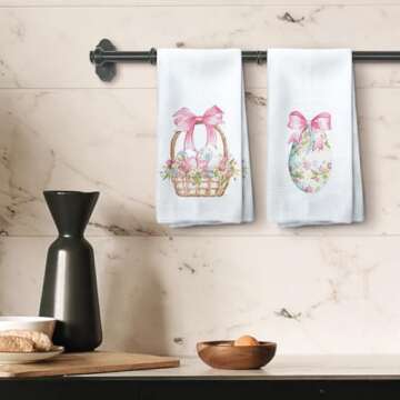 Tzhim Coquette Pink Bow Easter Kitchen Towels Set of 2, Easter Eggs Decor Hand Towels, Pink Easter Dish Towels Dishcloths Tea Towels for Kitchen, Easter Kitchen Bathroom Decor, 16x24 Inch