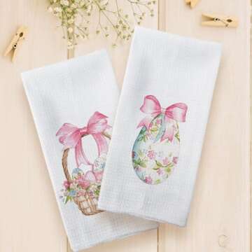 Tzhim Coquette Pink Bow Easter Kitchen Towels Set of 2, Easter Eggs Decor Hand Towels, Pink Easter Dish Towels Dishcloths Tea Towels for Kitchen, Easter Kitchen Bathroom Decor, 16x24 Inch