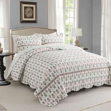 Travan 3-Piece Quilt Set Quilted Bedspread Lightweight Coverlet Set Garden Style Floral Printed Over...