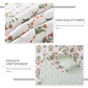 Travan 3-Piece Quilt Set Quilted Bedspread Lightweight Coverlet Set Garden Style Floral Printed Oversized Quilted Bedding Set for All Season, Orange Mirror, King Size