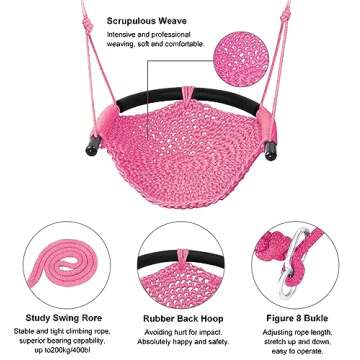 ROPECUBE Hand-Knitting Toddler Swing, Swing Seat for Kids with Adjustable Ropes, Little tikes Swing Set, for Outdoor Indoor, Playground, Backyard (Pink)