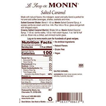 Monin - Salted Caramel Syrup, Natural Flavors, Great for Mochas, Lattes, Smoothies, Shakes, and Cocktails, Non-GMO, Gluten-Free (1 Liter)