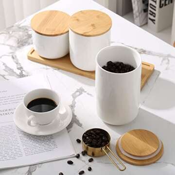 hjn Ceramic Food Storage Jars with Airtight Lids -Storage jars set of 3, Coffee Container with wood lid for Serving Bean, Spice, Tea, Candy Preserving -3 /pcs of set