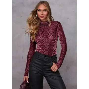 miduo Women's Ladies Winter Slim Fit Fashion Velvet Cowl Neck Blouses See Through Long Sleeve Tops