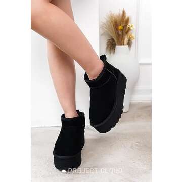 Project Cloud 100% Genuine Suede Leather Ankle Boots for Women - Fur Boots Memory Foam Womens Boots - Anti-Slip Mini Platform Boots, Lightweight Winter Boots for Women Snow Boots (Huggy, Black, 8)