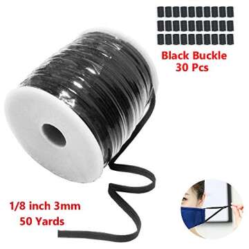 Black Braided Elastic Cord - 50 Yards x 1/8" Width with 30 Buckles for Sewing and Crafting