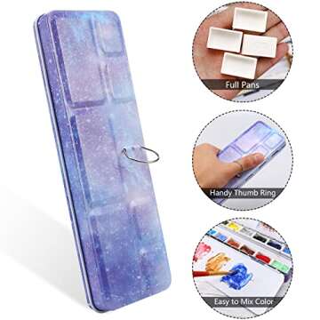 LOONENG Empty Watercolor Palette, Empty Watercolor Tin with Fold Out Palette, Medium Purple Watercolor Tray Palette with 14 Empty Full Pans for Plein Air Painting and Sketching