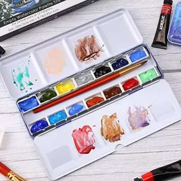 LOONENG Empty Watercolor Palette, Empty Watercolor Tin with Fold Out Palette, Medium Purple Watercolor Tray Palette with 14 Empty Full Pans for Plein Air Painting and Sketching