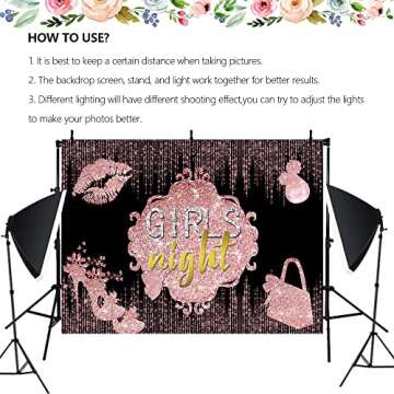 8x6ft Girls Night Backdrop for Party Decorations Lady Women Girls Rose Gold Pink High Heels Bags Glitter Backdrop Bachelorette Bridal Shower Night Background Photography Decor Banner