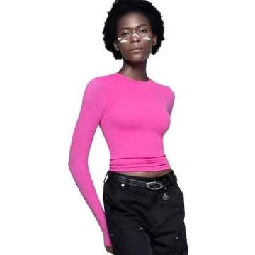 PUMIEY Women's Long Sleeve T Shirts Crew Neck Slim Fit Going Out Tops for Women Sexy Basic Tee, Blush X-Small