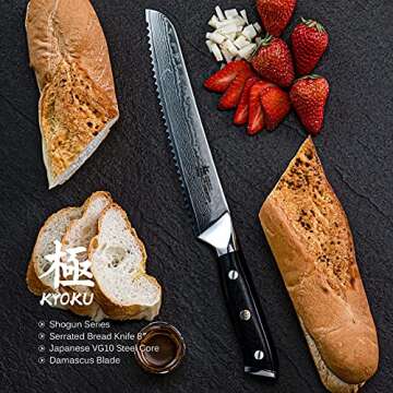 KYOKU Serrated Bread Knife - 8" - Shogun Series - Japanese VG10 Steel Core Damascus Blade - with She...