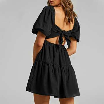 Shy Velvet Women's Casual Party Mini Dress Square Neck Short Bubble Sleeve A-line Loose Summer Dresses Black