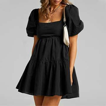 Shy Velvet Women's Casual Party Mini Dress Square Neck Short Bubble Sleeve A-line Loose Summer Dresses Black