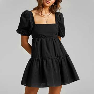 Shy Velvet Women's Casual Party Mini Dress Square Neck Short Bubble Sleeve A-line Loose Summer Dresses Black