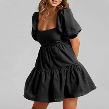 Shy Velvet Women's Casual Party Mini Dress Square Neck Short Bubble Sleeve A-line Loose Summer Dresses Black