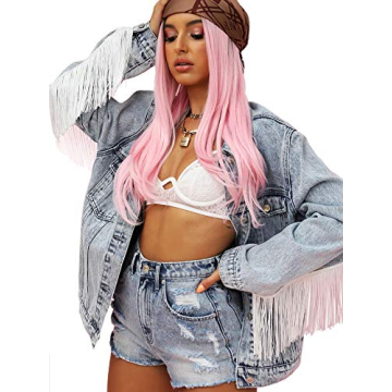 Justalwart Women's Oversized Blue Washed Denim Jacket with Fringe Trimming (S)