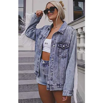 Justalwart Blue Washed Denim Jacket with Fringe Trimming
