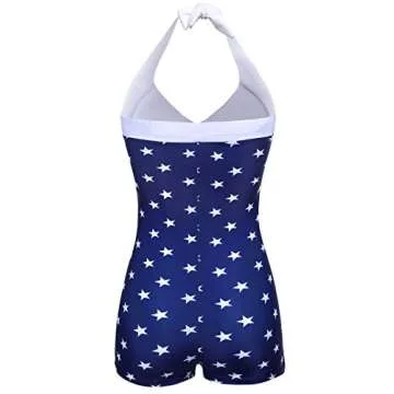 Ekouaer Women's One Piece Tummy Control Swimwear Boyleg Swimsuit American Flag Bikini