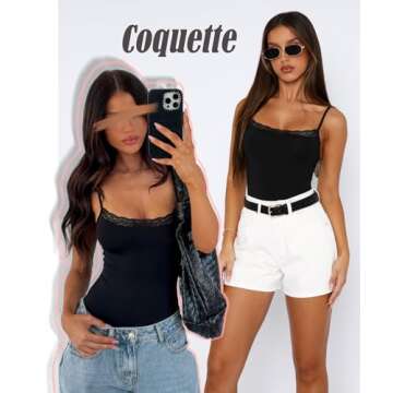 Navneet Women Lace Bodysuit Sexy Square Neck Sleeveless Cami Spaghetti Strap Thong Bodysuit Backless Body Suits Tops Leotard Black S