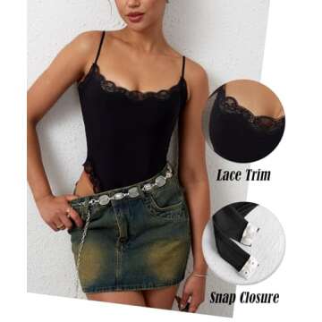 Navneet Women Lace Bodysuit Sexy Square Neck Sleeveless Cami Spaghetti Strap Thong Bodysuit Backless Body Suits Tops Leotard Black S