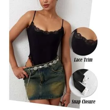 Navneet Women Lace Bodysuit Sexy Square Neck Sleeveless Cami Spaghetti Strap Thong Bodysuit Backless Body Suits Tops Leotard Black S