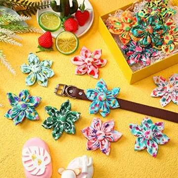 Cunno 60 Pcs Dog Collar Flowers Bulk Summer Hawaiian Dog Bow Ties Dog Collar Accessories Pet Charms Grooming Flamingo for Small Medium Large Cat Puppy Dog Collar Attachment Summer Hawaiian Costume