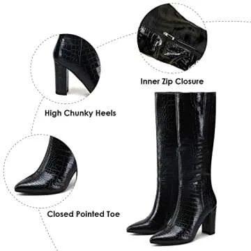 Modatope Riding Boots for Women Black Knee High Boots Chunky High Heel Boots Faux Crocodile Boots Tall Boots Pointed Toe Boots Size 9.5