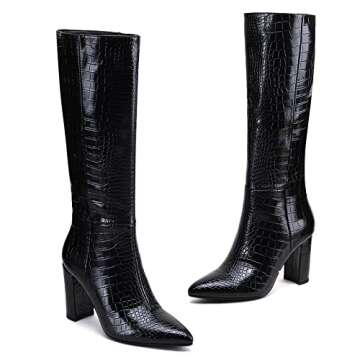 Modatope Riding Boots for Women Black Knee High Boots Chunky High Heel Boots Faux Crocodile Boots Tall Boots Pointed Toe Boots Size 9.5