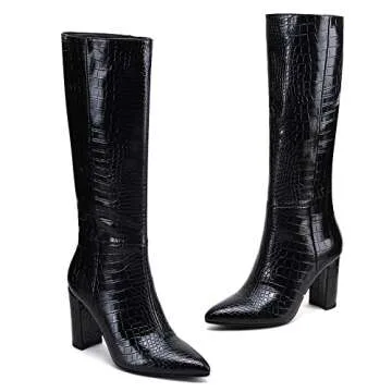 Modatope Riding Boots for Women Black Knee High Boots Chunky High Heel Boots Faux Crocodile Boots Tall Boots Pointed Toe Boots Size 9.5