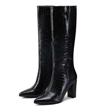 Modatope Riding Boots for Women Black Knee High Boots Chunky High Heel Boots Faux Crocodile Boots Tall Boots Pointed Toe Boots Size 9.5