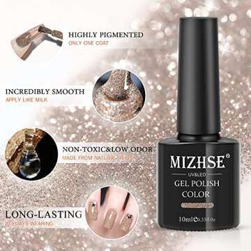 MIZHSE Reflective Gold Glitter Gel Nail Polish, Sparkly Shiny Gel Polish, Glossy Finish Nail Gel Soak Off Nail Art Salon Varnish Manicure for Beginners DIY at Home Popular Color