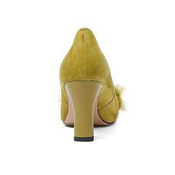 Fashion Heel Suede Leather Women's Square Toe Chunky Heels Vintage Floral Handmade Dress Pump Shoes with Fur Pearl (Yellow, US9.5)