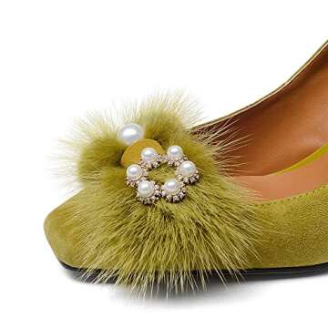 Fashion Heel Suede Leather Women's Square Toe Chunky Heels Vintage Floral Handmade Dress Pump Shoes with Fur Pearl (Yellow, US9.5)