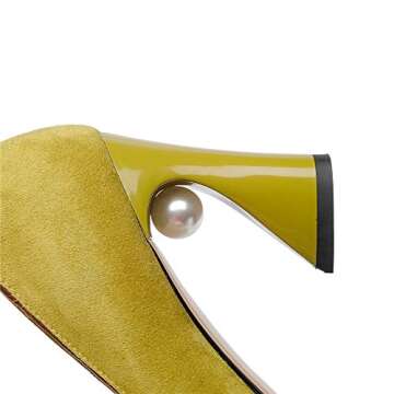 Fashion Heel Suede Leather Women's Square Toe Chunky Heels Vintage Floral Handmade Dress Pump Shoes with Fur Pearl (Yellow, US9.5)