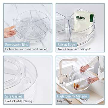 Empaxum Clear Lazy Susan Organizer with 5 Removable Bins 10.6" Plastic Lazy Susan Turntable for Cabinet Rotating Snack Organizer Divided Spinning Storage for Kitchen, Pantry, Countertop, Bathroom