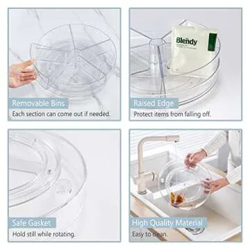 Empaxum Clear Lazy Susan Organizer with 5 Removable Bins 10.6" Plastic Lazy Susan Turntable for Cabinet Rotating Snack Organizer Divided Spinning Storage for Kitchen, Pantry, Countertop, Bathroom