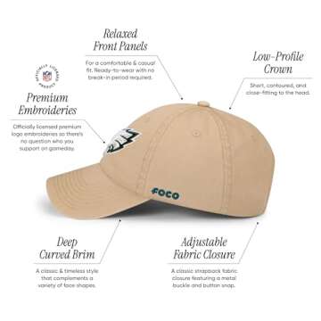FOCO Men's Philadelphia Eagles-Khaki Cap NFL Logo Casual Hat, Team Color