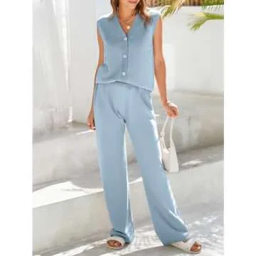 Tankaneo Womens Knit 2 Piece Outfit Sets - Light Blue