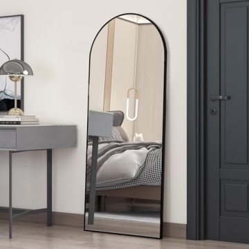 CASSILANDO Full Length Mirror 64"×21" Floor Mirror, Standing Mirror Smooth Arched Top Mirror, Large Arched Mirror, Bedroom Living Room Wall Mirror, Black