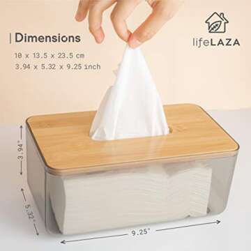 LifeLAZA Minimalist Tissue Box Cover Holder, Modern Transparent Rectangular Bamboo Facial Tissues Dispenser for Bathroom, Bedroom, Living Room