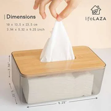 LifeLAZA Minimalist Tissue Box Cover Holder, Modern Transparent Rectangular Bamboo Facial Tissues Dispenser for Bathroom, Bedroom, Living Room