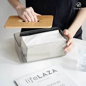 LifeLAZA Minimalist Tissue Box Cover Holder, Modern Transparent Rectangular Bamboo Facial Tissues Dispenser for Bathroom, Bedroom, Living Room