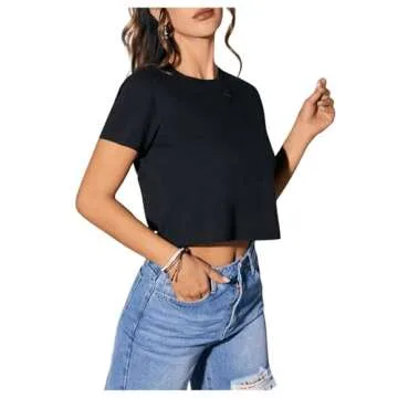 SweatyRocks Women's Summer Short Sleeve Tee Distressed Ripped Crop T-shirt Tops Black M