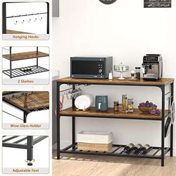 Homieasy Kitchen Island with Wine Glass Holder, Industrial Wood and Metal Coffee Bar Rack, 3 Tier Spacious Prep Table Extended Counter with Hooks Easy to Assemble, Rustic Brown